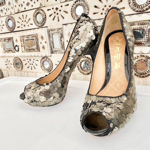 NWT L.A.M.B. Paillette Peep Toe Stilettos Sz 7M - Picture 3 of 12